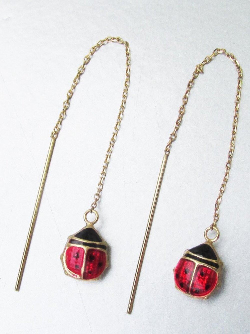 Vintage JCM Jacmel 14k Yellow Gold Enamel Ladybug Threader Dangle Earrings